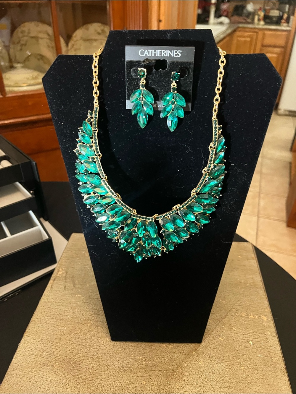 Catherines Gold-Tone Necklace and Earrings with Emerald Green Stones